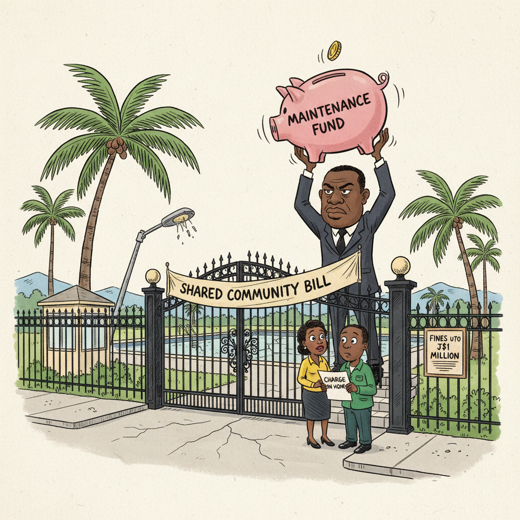 Editorial pen-and-ink cartoon: a big-headed man in a suit stands on the steps of a gated Jamaican townhouse scheme, shaking a nearly empty pink piggy bank labelled "MAINTENANCE FUND" as a single coin falls toward a small hopeful couple below holding a paper reading "CHARGE ON HOME". A banner over the gate reads "SHARED COMMUNITY BILL" and a notice board reads "FINES UP TO J$1 MILLION".