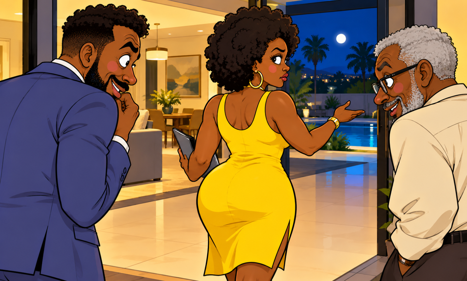 Cartoon showing two Black Jamaican men admiring a female real estate agent in a yellow dress during a luxury property viewing.
