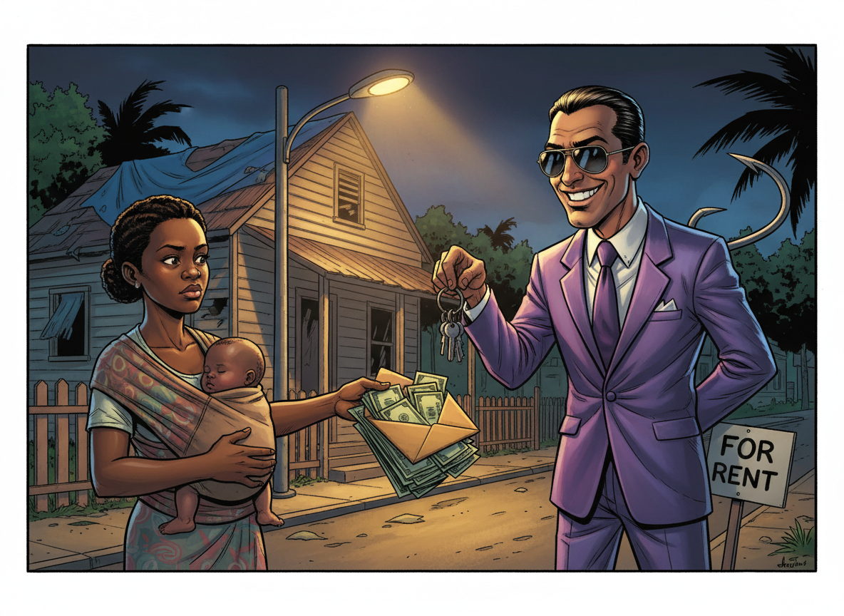 Cartoon: a hurricane-hit mother hands cash to a smiling scammer offering keys while he hides a fishing hook behind his back