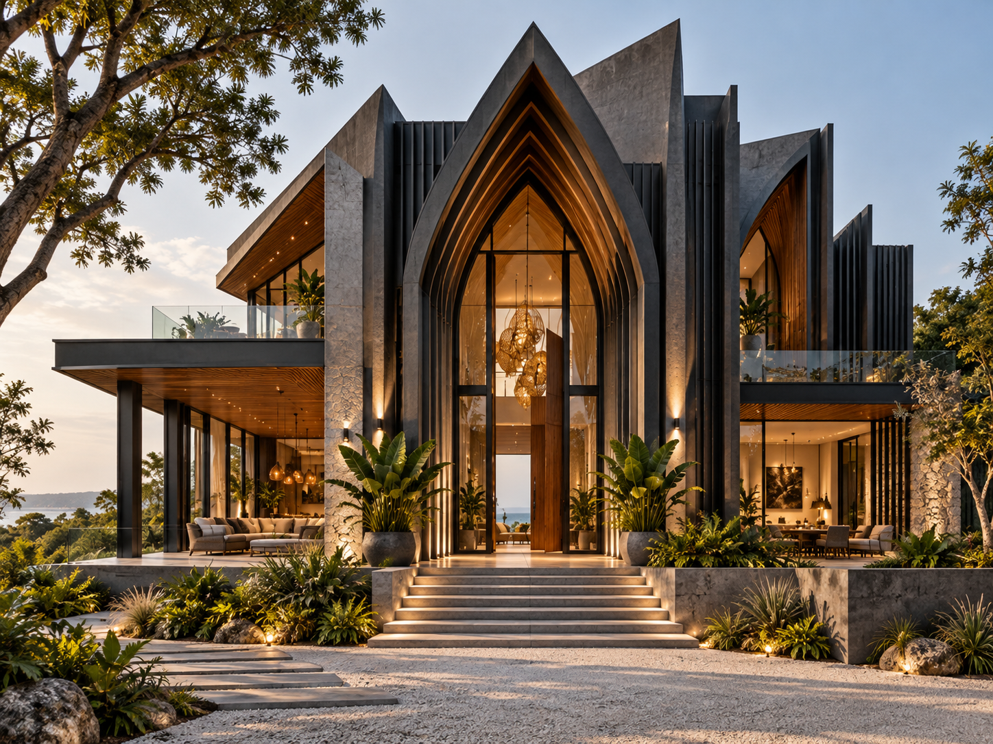 Black Reef House concept showing a contemporary Gothic Jamaican residence in charcoal concrete, black metal, glass and warm timber