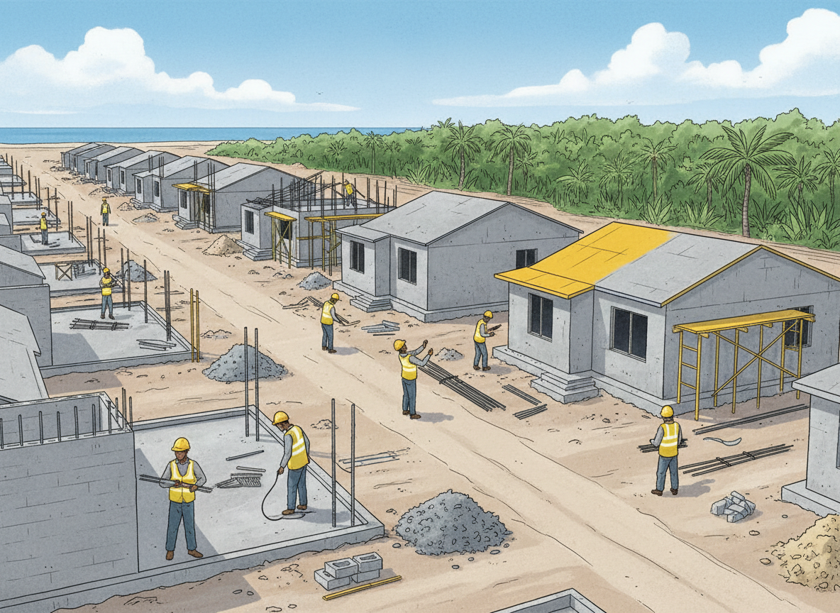 Illustration of modest Caribbean single-storey homes under construction.