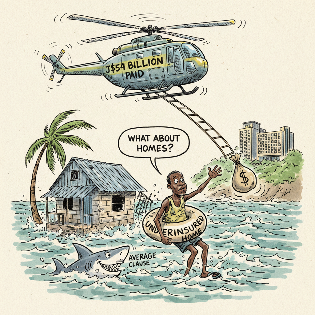 Pen-and-wash cartoon: a Jamaican homeowner in flood water clings to a rubber ring reading "UNDERINSURED HOME" beside his half-submerged zinc-roof house, while a helicopter reading "J$54 BILLION PAID" swings its rope ladder and money bag away toward a resort hotel on the hill. He calls "WHAT ABOUT HOMES?" as a shark labelled "AVERAGE CLAUSE" circles below.