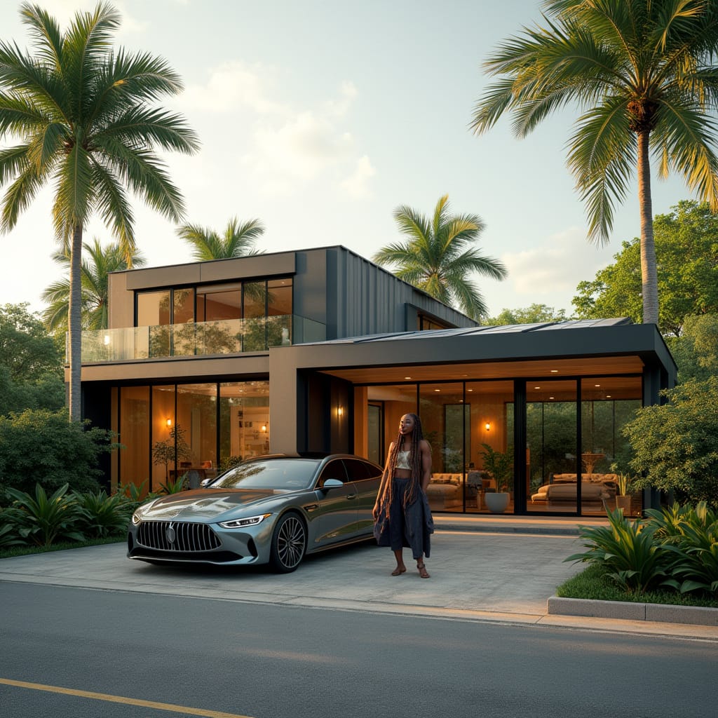 A modern, single-story container home in Kingston, Jamaica, with bold, geometric shapes and eco-friendly design elements, such as sleek solar panels on the roof, set amidst a lush neighborhood of contemporary homes and vibrant tropical trees. A luxury sedan, sleek and polished, is parked by the driveway, its reflections glinting off the home's metallic surfaces. A stunning Jamaican woman with long, flowing dreadlocks and warm, golden-brown skin stands near the entrance, dressed in stylish, earth-toned attire, exuding a sense of relaxed sophistication. Inspired by the urban chic aesthetic of architects such as Tom Kundig and Kengo Kuma, with a blend of modern digital art styles reminiscent of artists like Syd Mead and Ash Thorp. Cinematic lighting, with a warm, golden glow, casts a dramatic ambiance, evoking the feel of a live-action film still, shot on 35mm film with a V-Raptor XL camera, complete with film grain, vignette, and meticulous color grading, resulting in a visually stunning, atmospheric masterpiece.