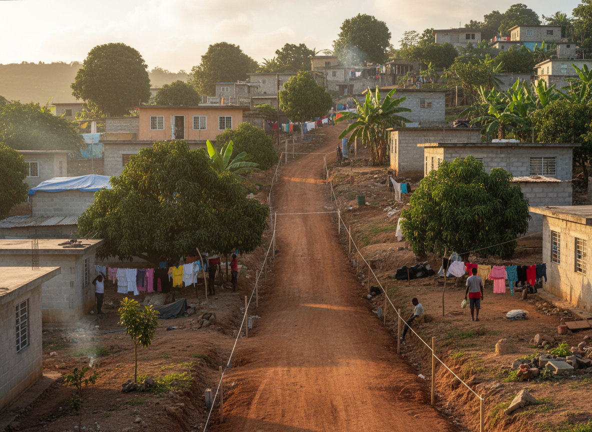 Hillside Jamaican community of block houses with survey pegs marking a new access road