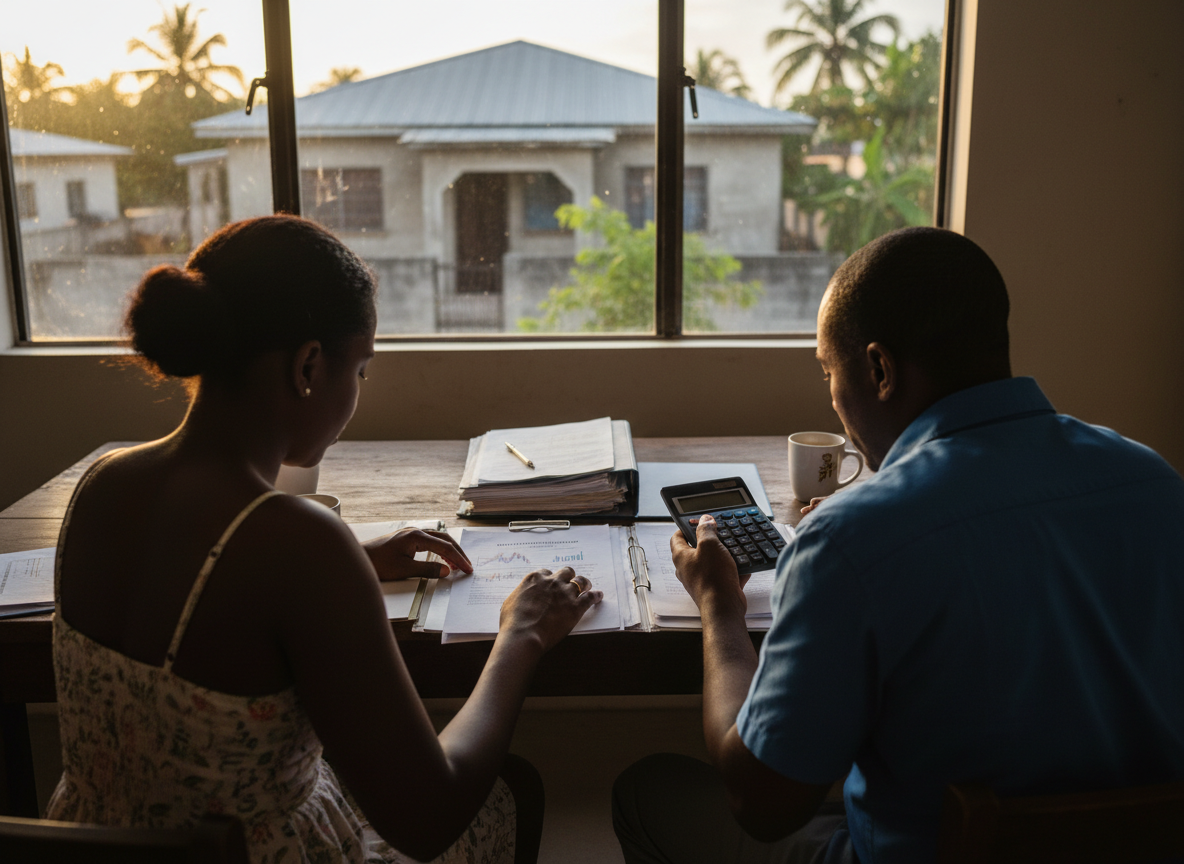 A couple reviews mortgage documents and a calculator at a table