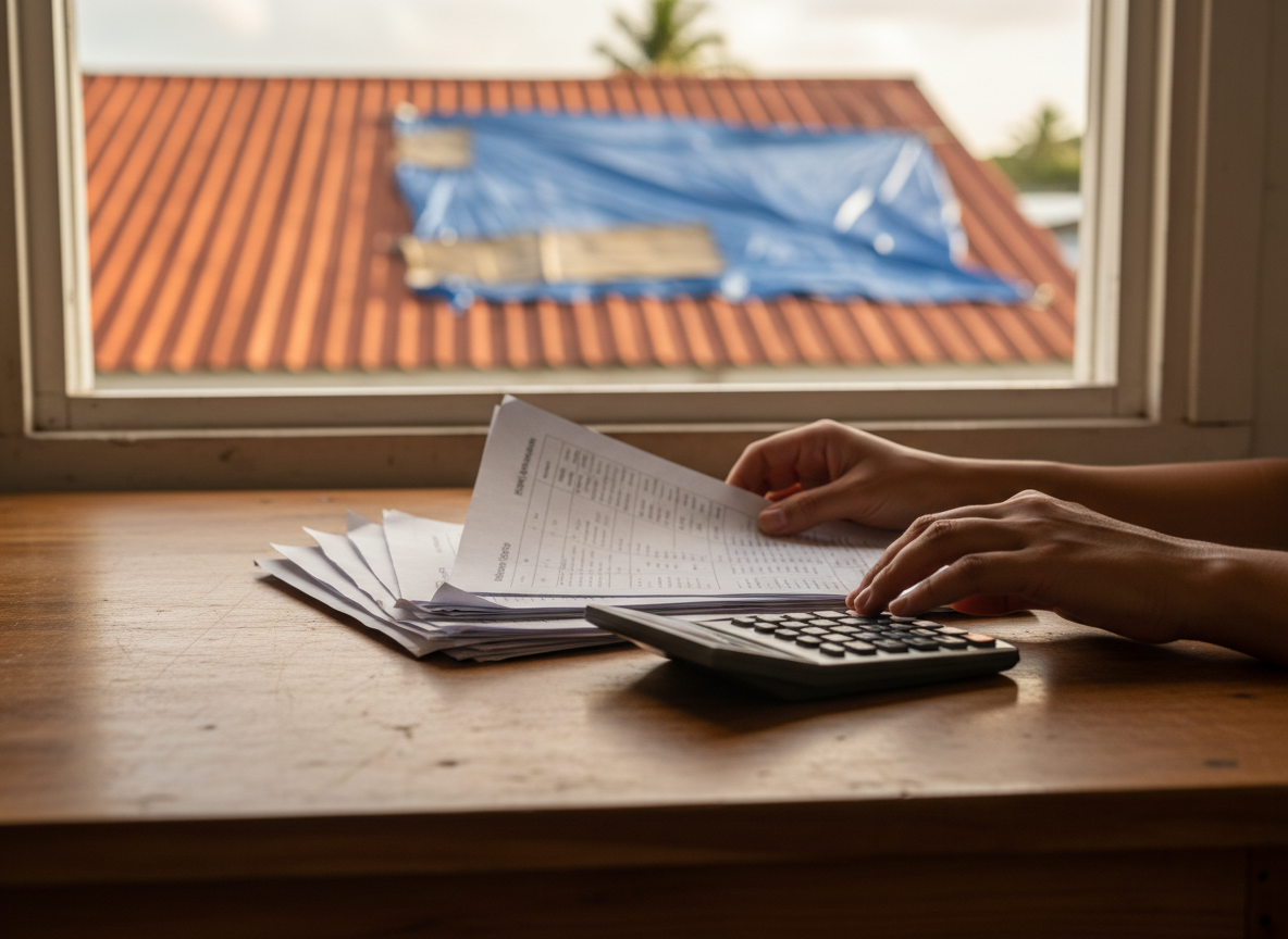 Hands reviewing mortgage paperwork and a calculator at a kitchen table, with a tarp-covered roof visible outside