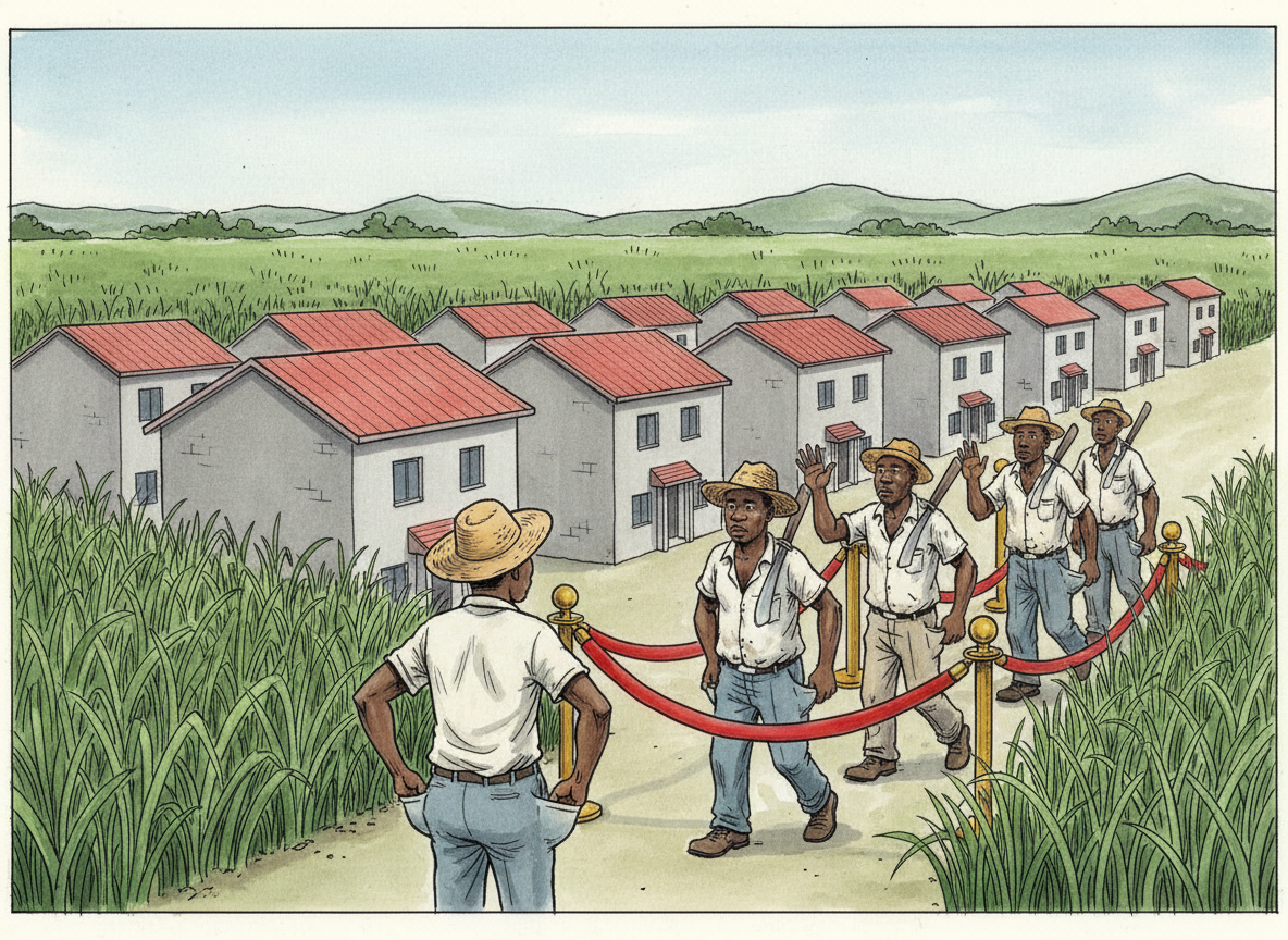 Cartoon of sugar workers walking through a roped-off section of new houses, one turning out empty pockets.