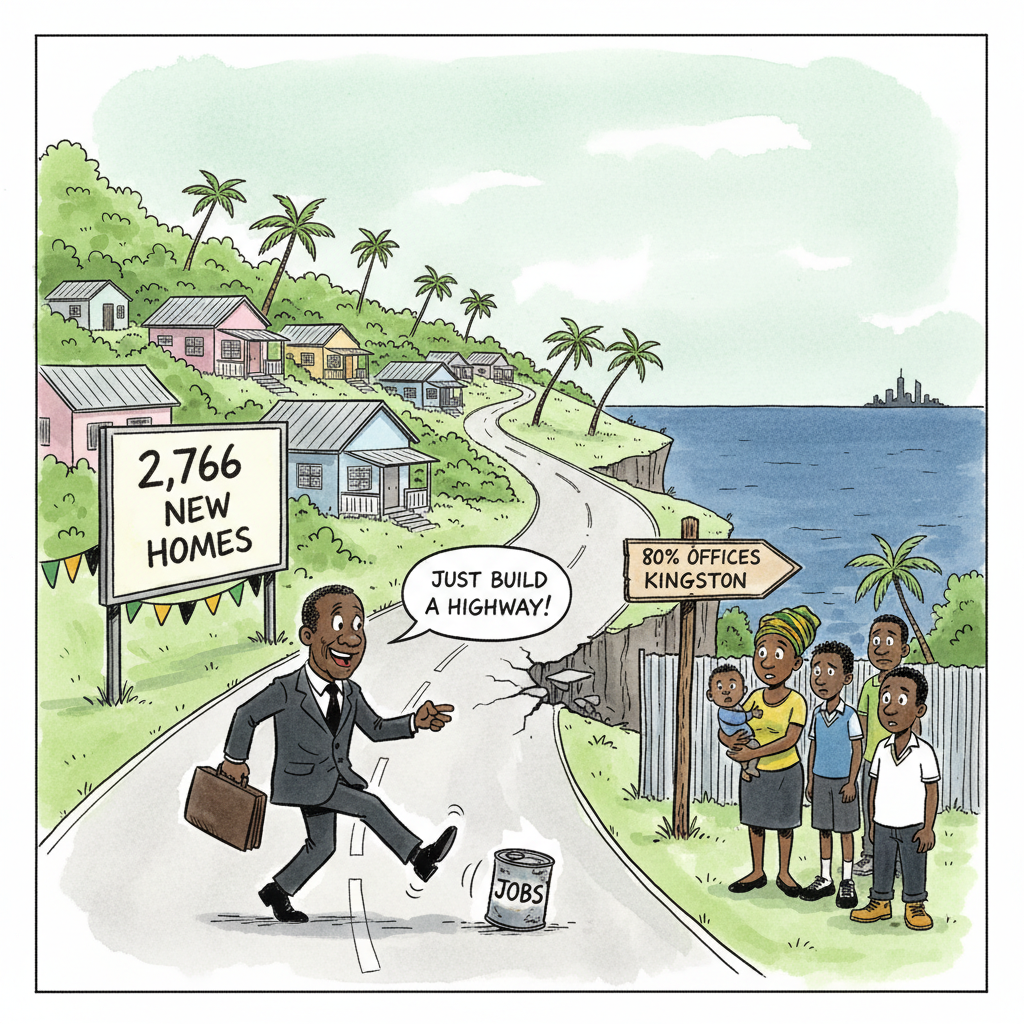 Ink-and-watercolour cartoon on a green wash: on a north coast road that breaks off at a cliff, a suited man with a briefcase is about to kick a tin can labelled "JOBS" further down the road, saying "JUST BUILD A HIGHWAY!". Behind him a billboard in front of new scheme houses reads "2,766 NEW HOMES" and a signpost pointing back to distant Kingston towers reads "80% OFFICES KINGSTON", while young residents watch from a zinc fence.