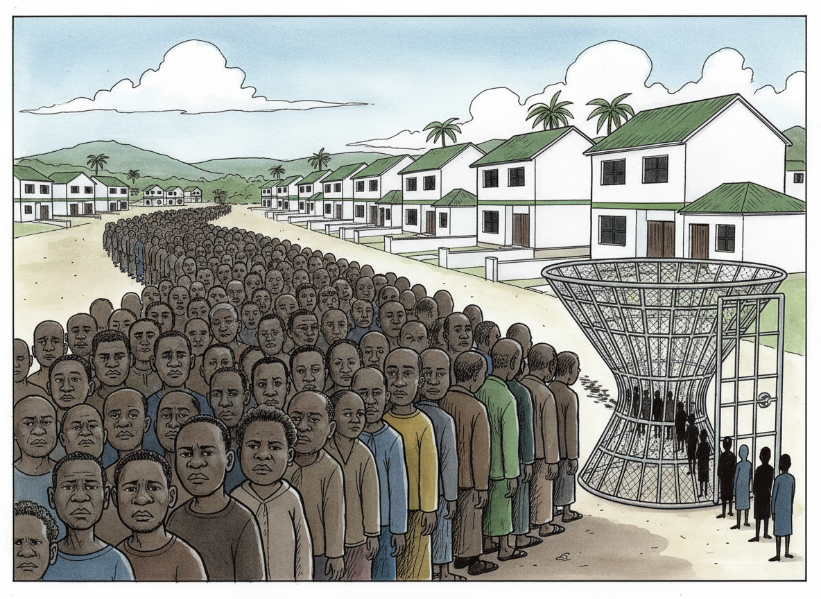 A large crowd queues at a narrow gate that lets only a few through to rows of empty new houses.