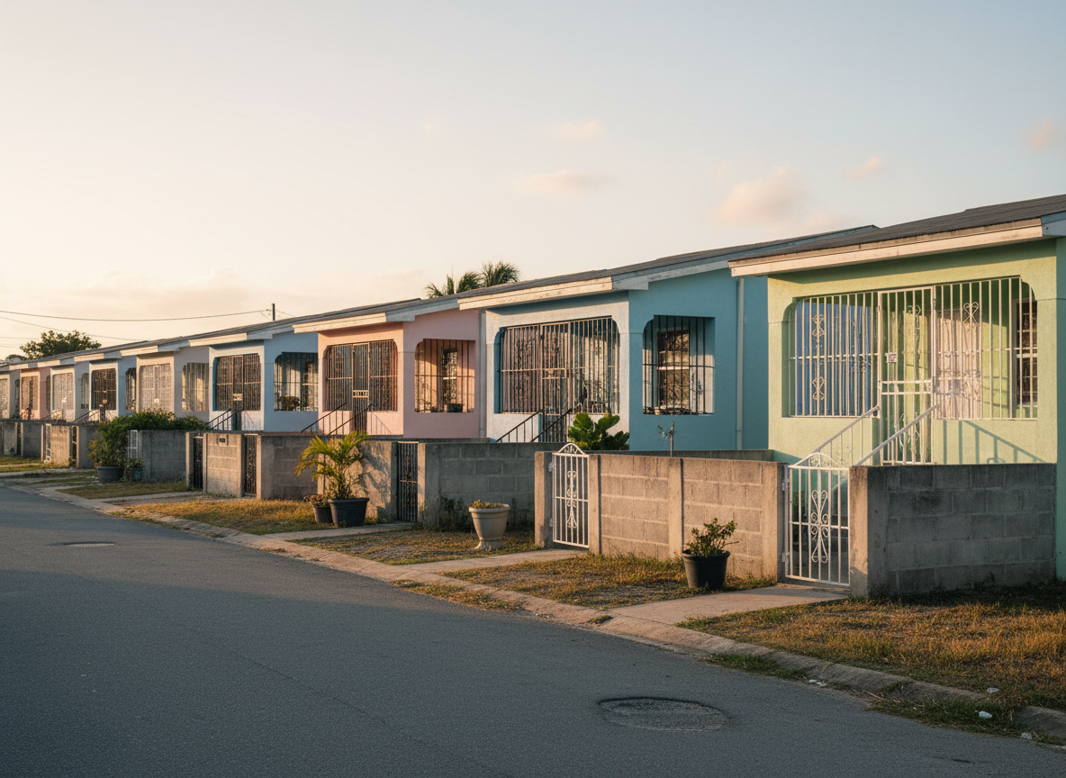 A row of modest concrete homes with verandas in a Jamaican suburban housing scheme