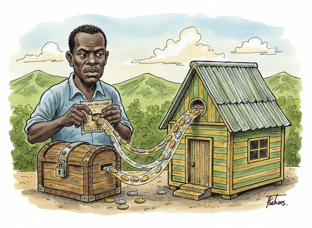 Coins from a worker's pay packet and an employer's cash box flow into a piggy bank shaped like a Jamaican house.