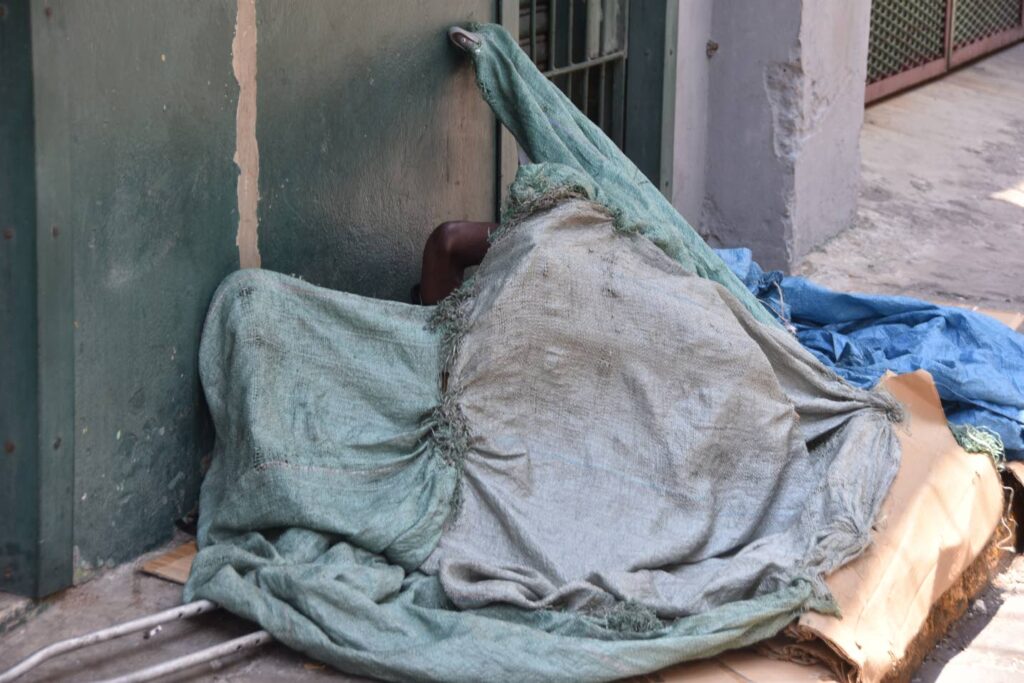 A makeshift tent used as shelter by a homeless person on a street in downtown Kingston