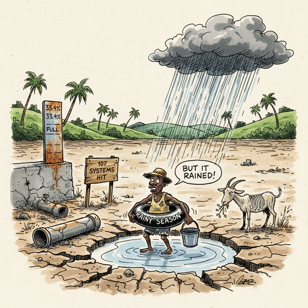 Pen-and-wash cartoon: a Jamaican man clings to a rubber ring labelled "RAINY SEASON" in a puddle on a cracked, dried-up reservoir bed, holding an empty bucket and saying "BUT IT RAINED!" while a rain cloud pours only on the distant hills. A gauge reads "33.4% FULL" and a notice board reads "107 SYSTEMS HIT".