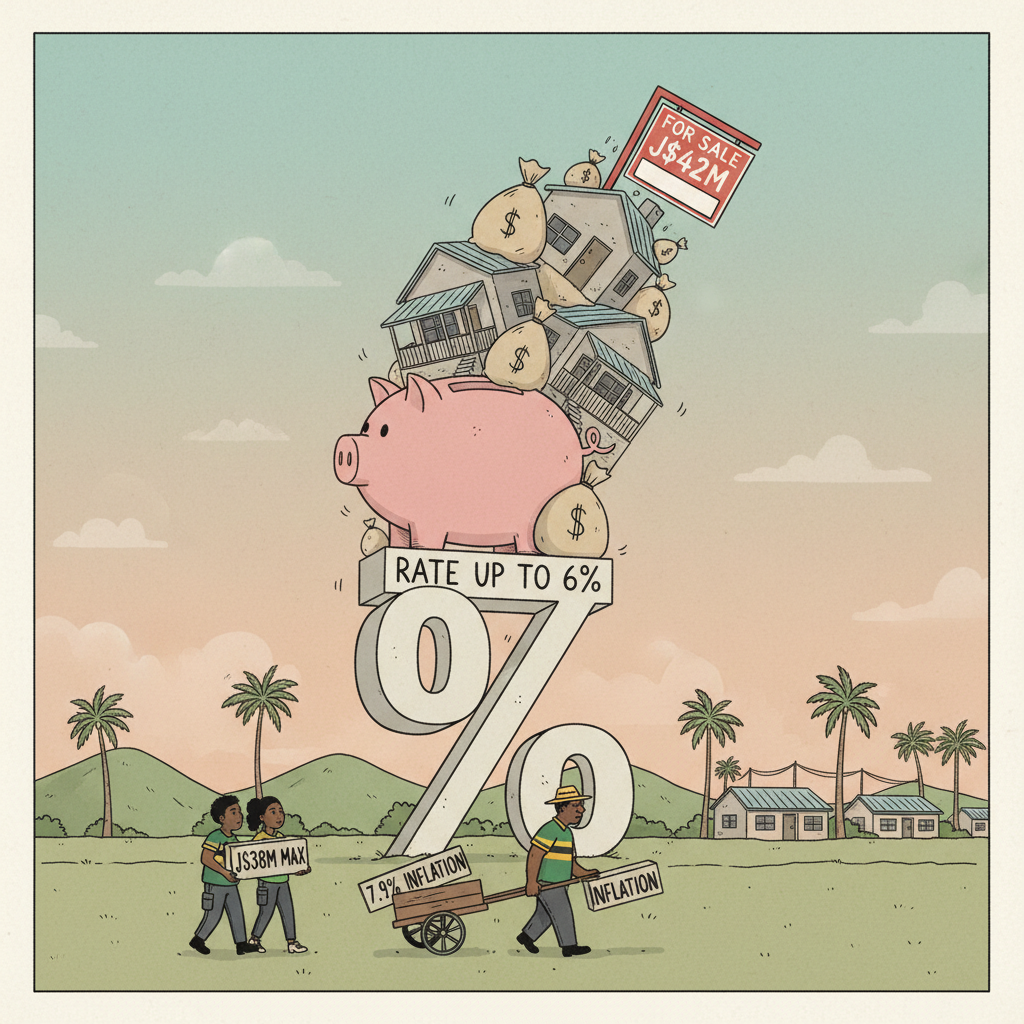 Soft muted editorial cartoon: an enormous teetering pile of a pink piggy bank, Jamaican houses and money bags balances on a giant percent sign labelled "RATE UP TO 6%", topped by a for-sale sign reading "ASKING J$42M". A small young Jamaican couple walks toward it carrying a weight labelled "J$38M MAX", followed by an older man hauling a weight labelled "7.9% INFLATION".