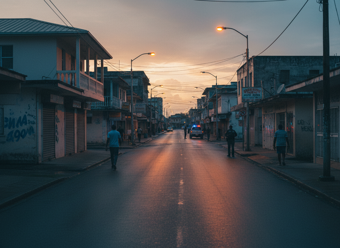 A quiet Jamaican urban street at dusk representing public safety and crime reporting.