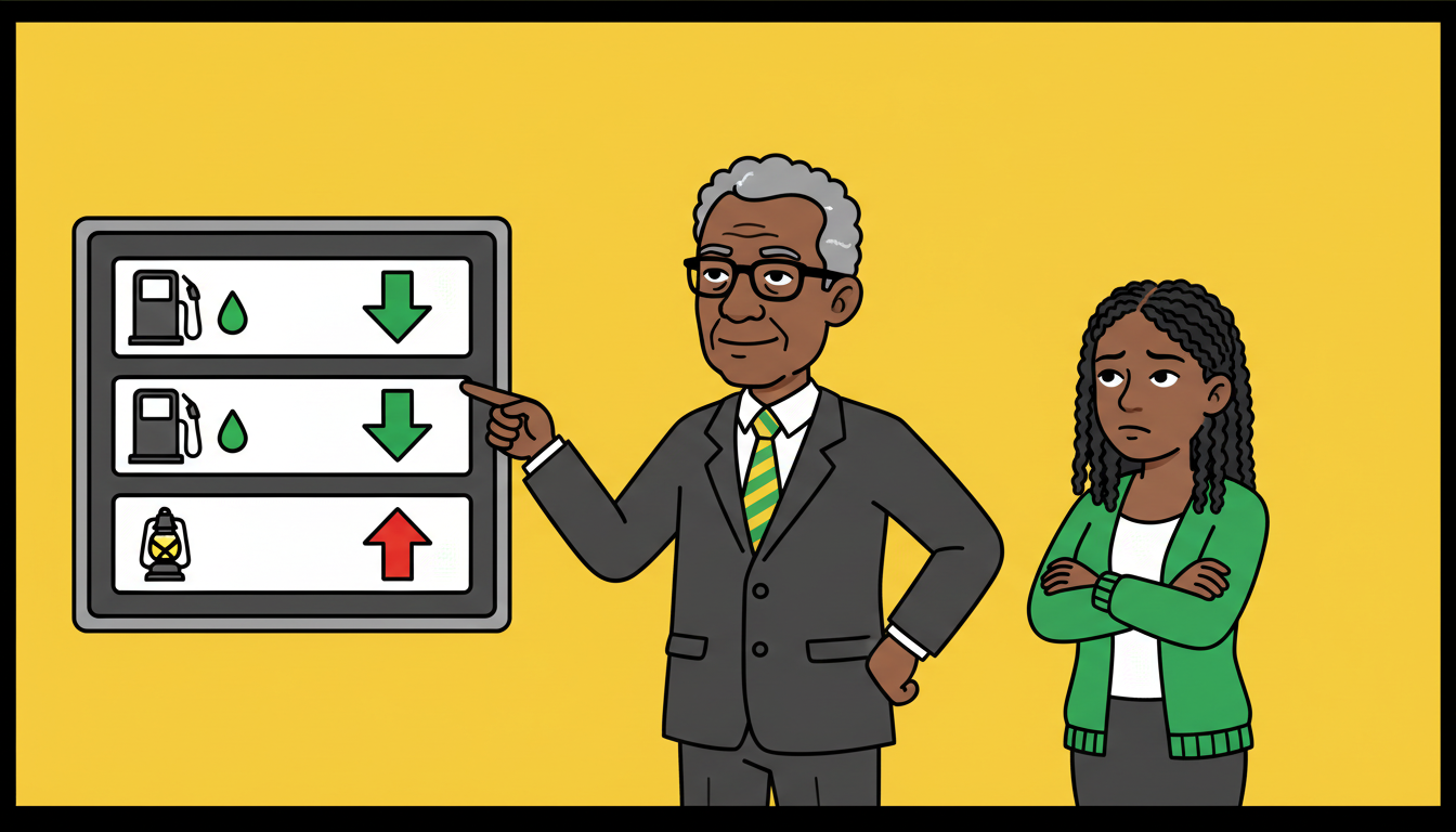 Jamaica Homes illustrated fuel price update for October 29, 2026. Petrol falls J$3.06 and diesel falls J$0.25, while kerosene rises J$4.50. Jamaican cartoon man and woman beside a fuel price board.