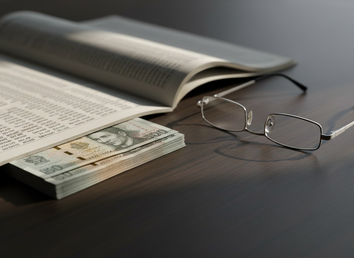 A newspaper market prices page, folded Jamaican banknotes and reading glasses on a dark wooden desk in early morning light