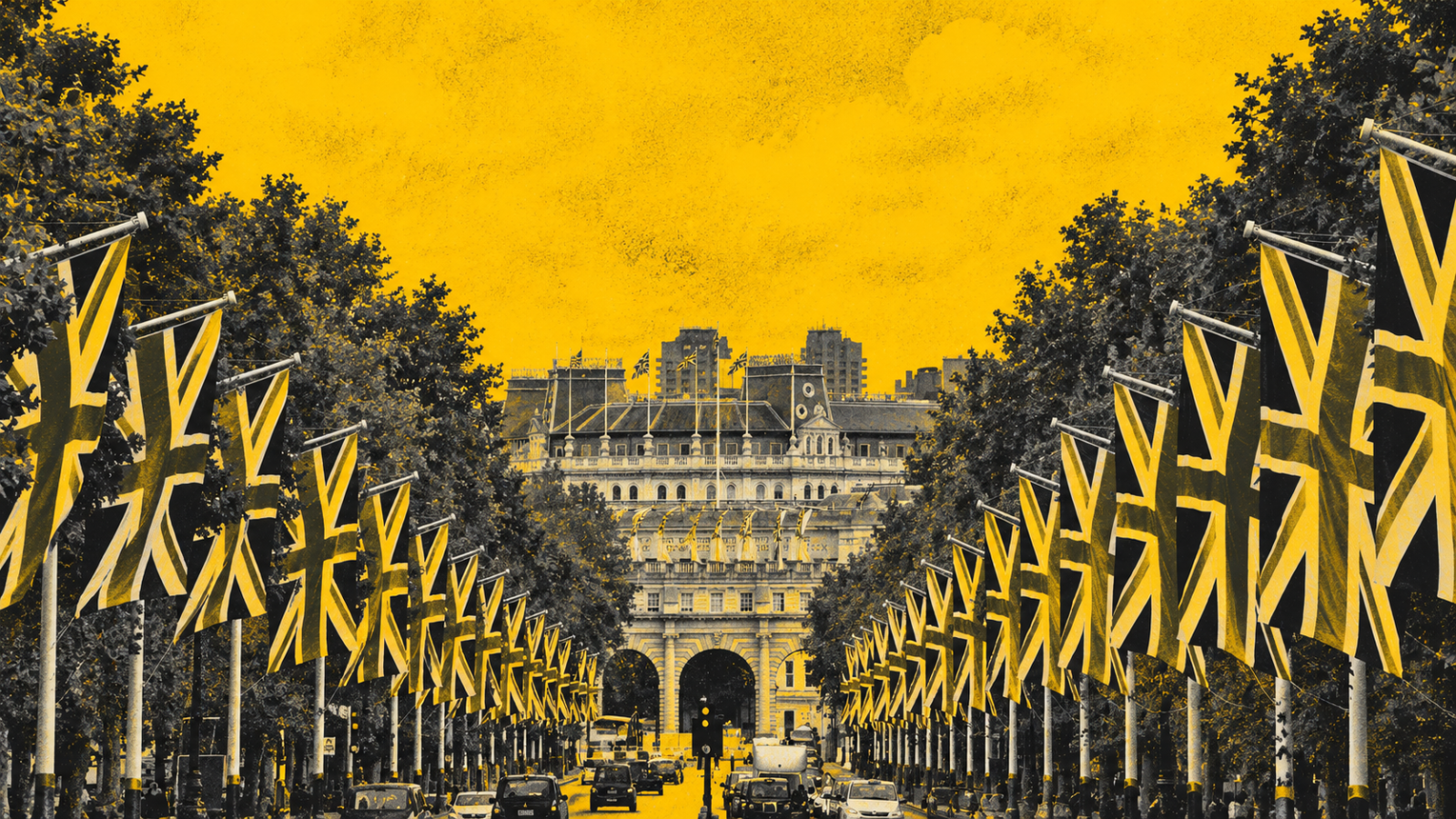 A striking view along The Mall in central London, where rows of Union Jack flags line the historic ceremonial avenue leading towards Admiralty Arch. The image, recreated in a dramatic yellow and grey editorial style, captures the architectural grandeur and national symbolism of the United Kingdom. The flags, historic buildings and busy roadway reflect Britain's traditions, national identity and public institutions. The bold colour treatment offers a contemporary interpretation of a familiar London landmark, providing a visual backdrop to discussions about British history, religion, constitutional traditions and the relationship between church and state.