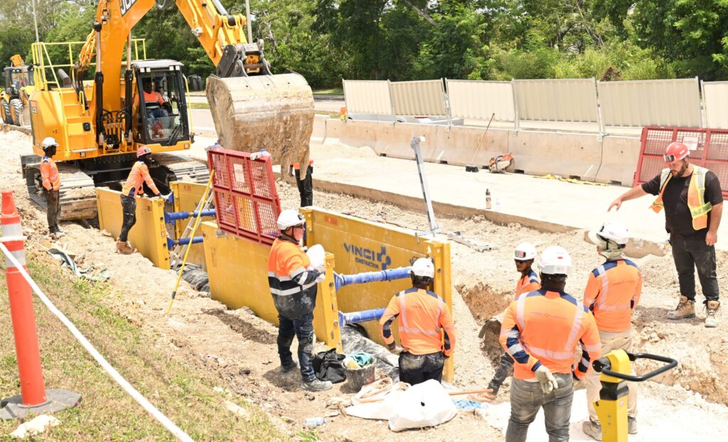 Construction crews working at the Phase One site of the Western Water Resilience Project in Rose Hall, St James