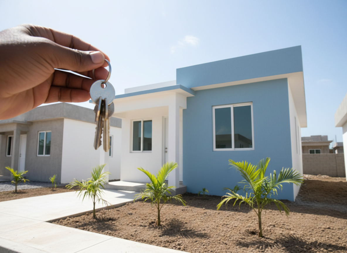 A hand holding house keys in front of a newly built small home in a Jamaican housing development