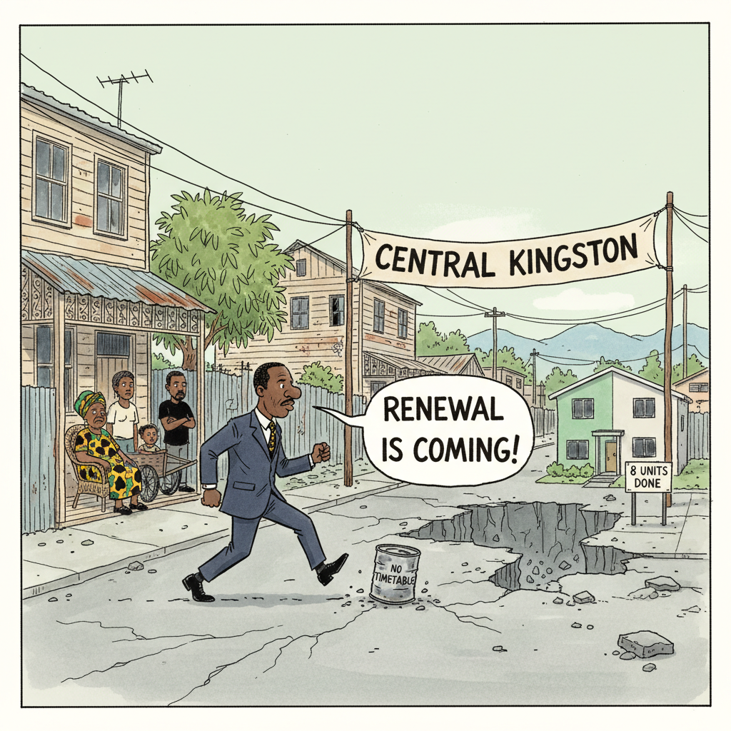 Ink-and-watercolour cartoon on a green wash: a man in a suit strides along a Central Kingston street, about to kick a tin can labelled "NO TIMETABLE" down a road that crumbles away just ahead, saying "RENEWAL IS COMING!". Old zinc-fenced tenement yards line the road under a banner reading "CENTRAL KINGSTON", and a tiny finished block of homes carries a sign reading "8 UNITS DONE" while residents watch.