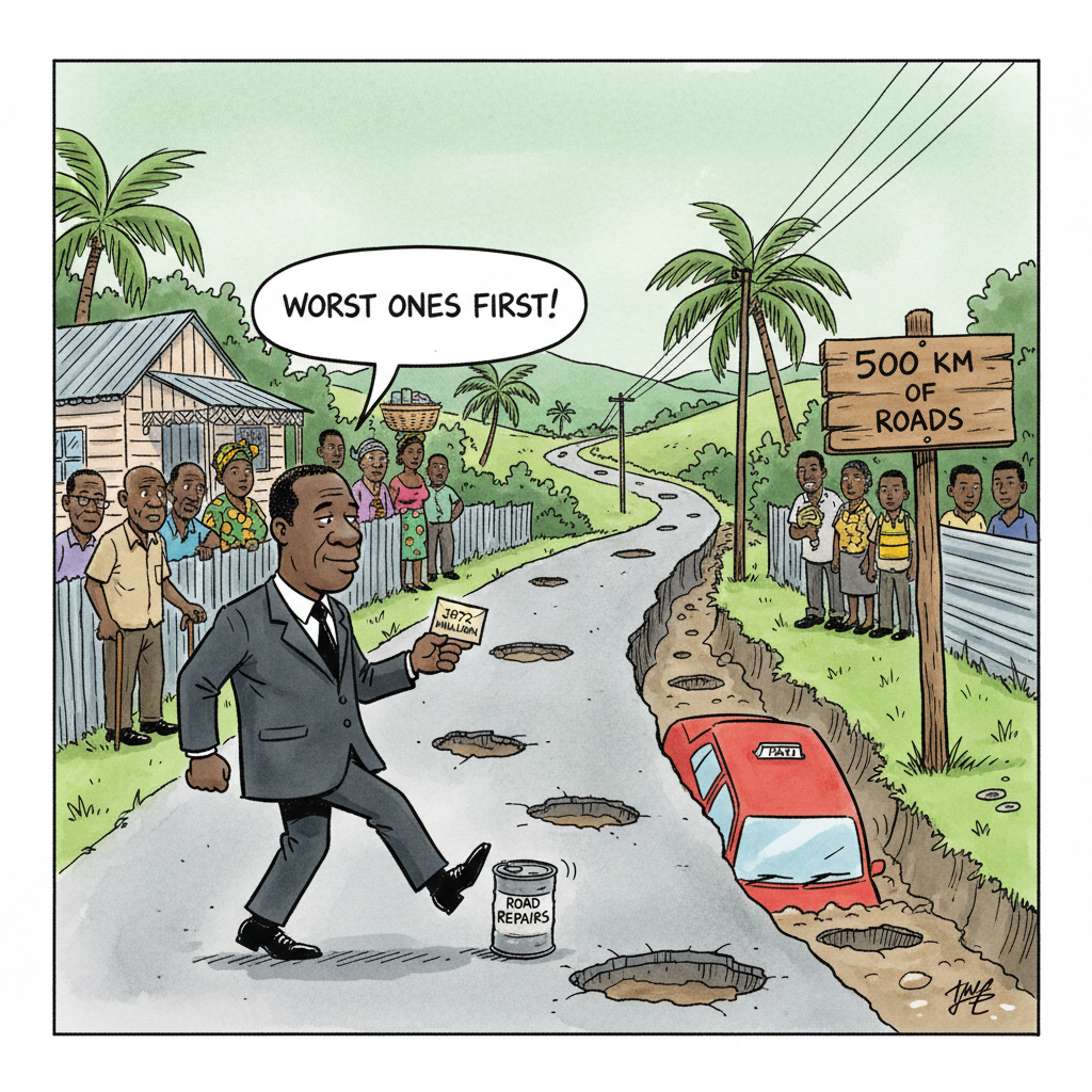 Ink-and-watercolour cartoon on a green wash: a suited official strides along a potholed hillside road that crumbles away into a gully, about to kick a tin can labelled "ROAD REPAIRS", a thin envelope labelled "J$172 MILLION" under his arm and a speech bubble saying "WORST ONES FIRST!". A signpost reads "500 KM OF ROADS" while a route taxi sits stuck in a pothole and residents watch from beside zinc fences.