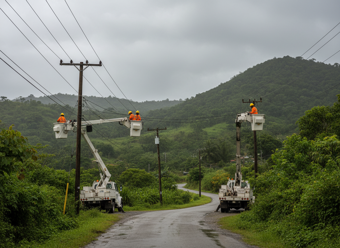Utility crews in bucket trucks working on power lines along a rural road