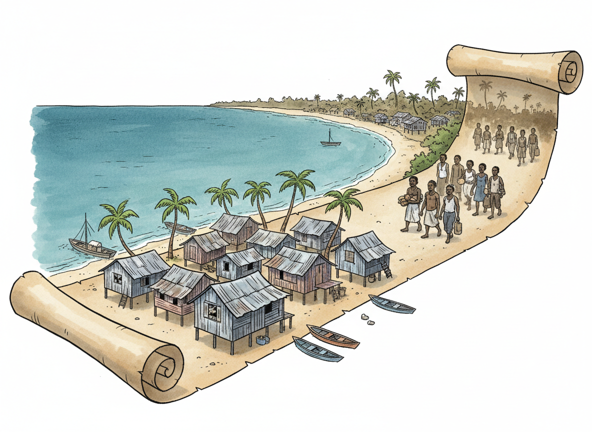 A seaside Jamaican community on a long scroll that unrolls back to a sepia scene of freed people leaving plantation land.
