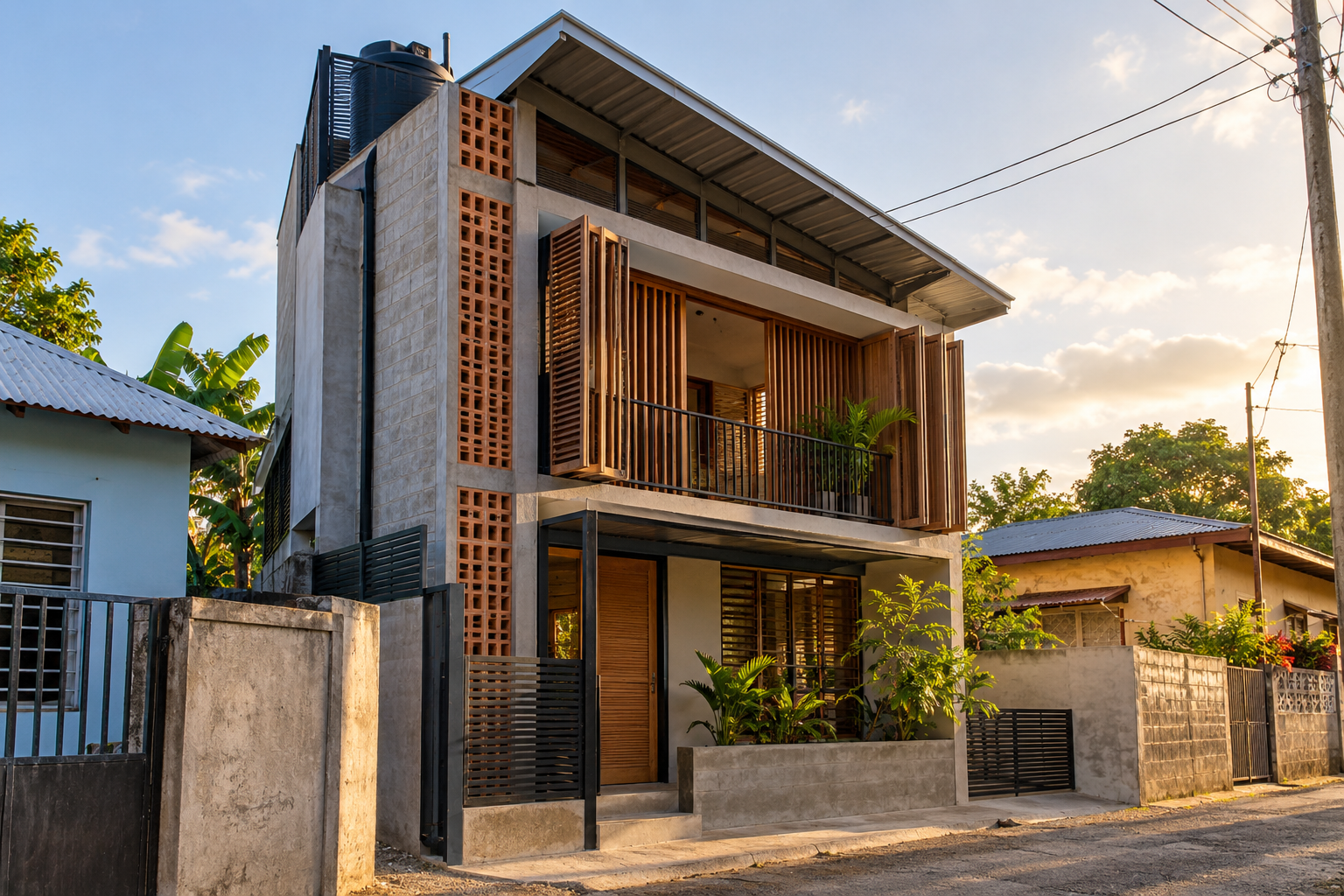 Narrow two-storey Jamaican urban infill house with concrete service spine, timber screens, clay breeze blocks and asymmetric galvanised roof