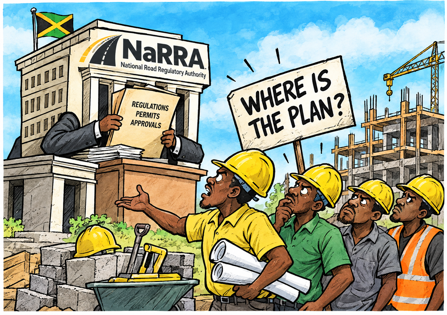 A satirical illustration captures growing questions surrounding Jamaica’s post-Hurricane Melissa reconstruction efforts, as the National Reconstruction and Resilience Authority (NaRRA) faces calls for greater clarity over its plans and priorities. Represented as a government building in a business suit, the authority clutches an uncertain reconstruction plan while Jamaican builders and contractors look towards an unfinished structure covered in question marks. Damaged homes, scattered building materials and hurricane-affected communities form the backdrop, highlighting the enormous task of rebuilding. The cartoon reflects concerns about coordination, construction timelines, industry participation and the need for a clear, publicly understood strategy to turn national recovery commitments into tangible progress.