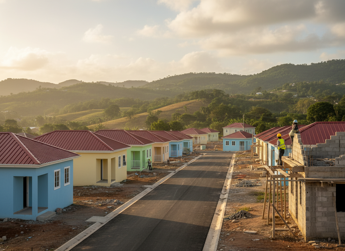 Rows of newly built and under-construction affordable homes along a paved road in Jamaica