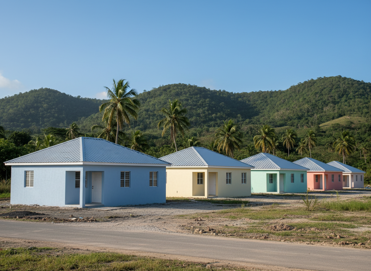 Row of newly built two-bedroom concrete houses in a rural Jamaican community