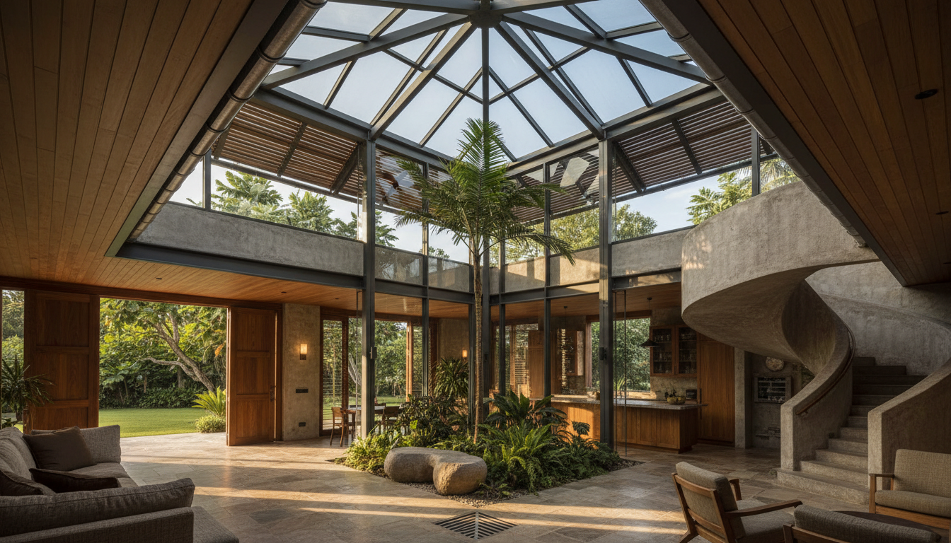 Landscape interior of a Jamaican home with a sawtooth glazed roof, planted atrium, timber finishes and curved stair.