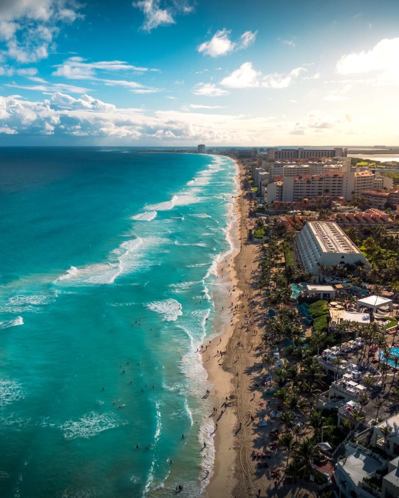 aerial view of resorts on the coast in cancun mexico