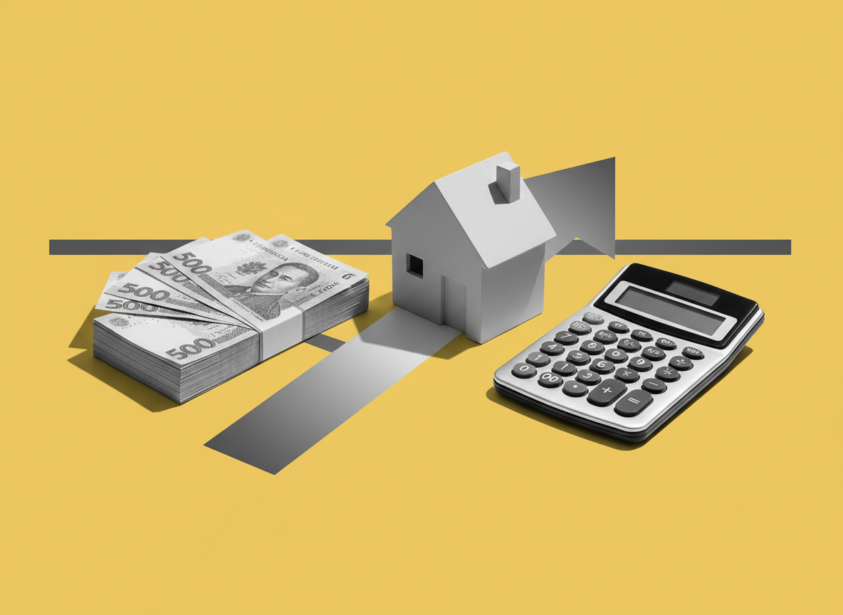 Illustration of Jamaican bank notes, a model house and a calculator on a yellow background