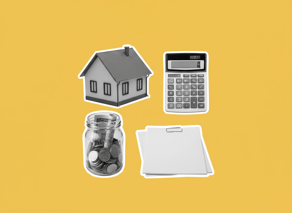 Illustration of a model house, calculator, coin jar and documents on a yellow background