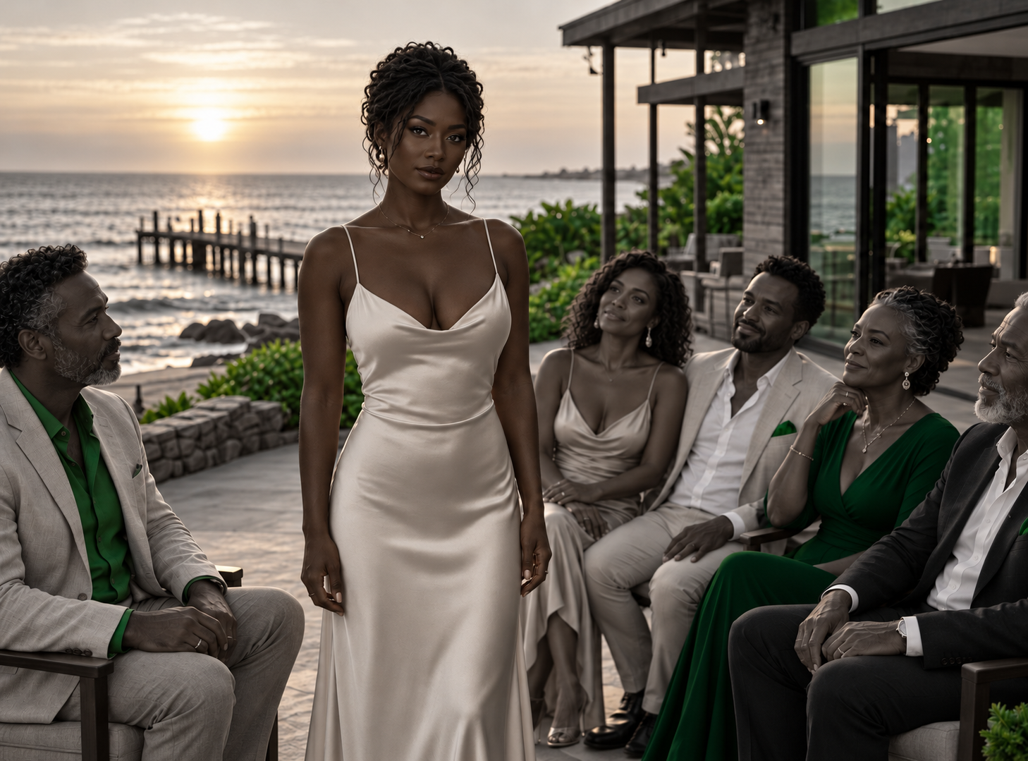 Black female real estate agent stands among wealthy clients at an oceanfront property in green and grey.