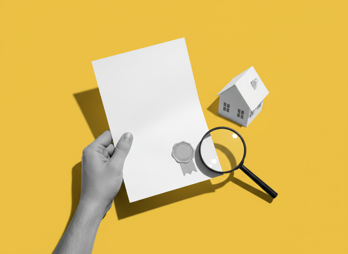 Illustration of a hand holding a property document beside a model house and magnifying glass on a yellow background