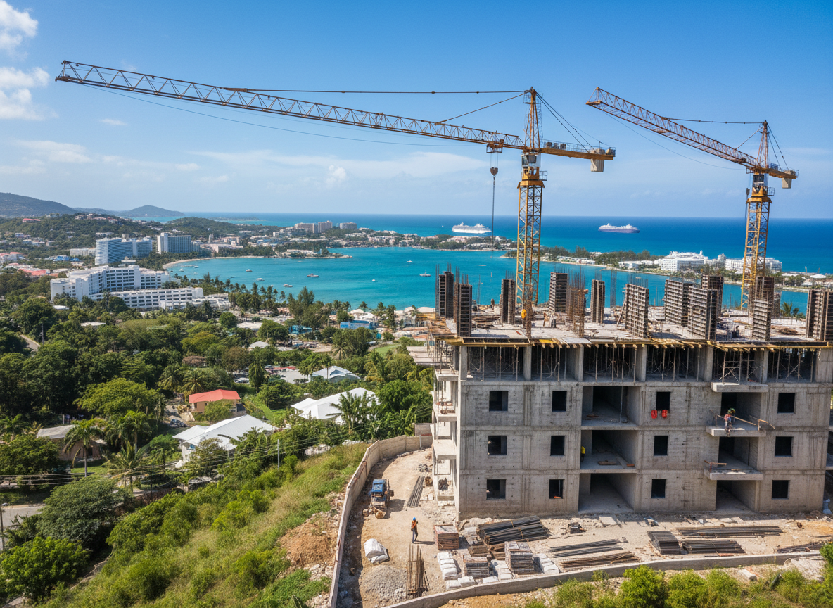 Apartment construction on a hillside with cranes, overlooking Montego Bay and its coastal resorts