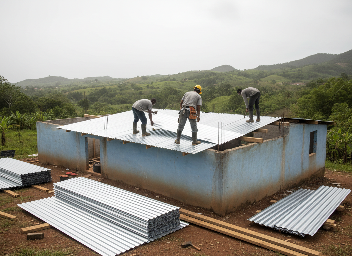 Workers fitting new zinc roofing sheets on a storm-damaged concrete house in rural Jamaica