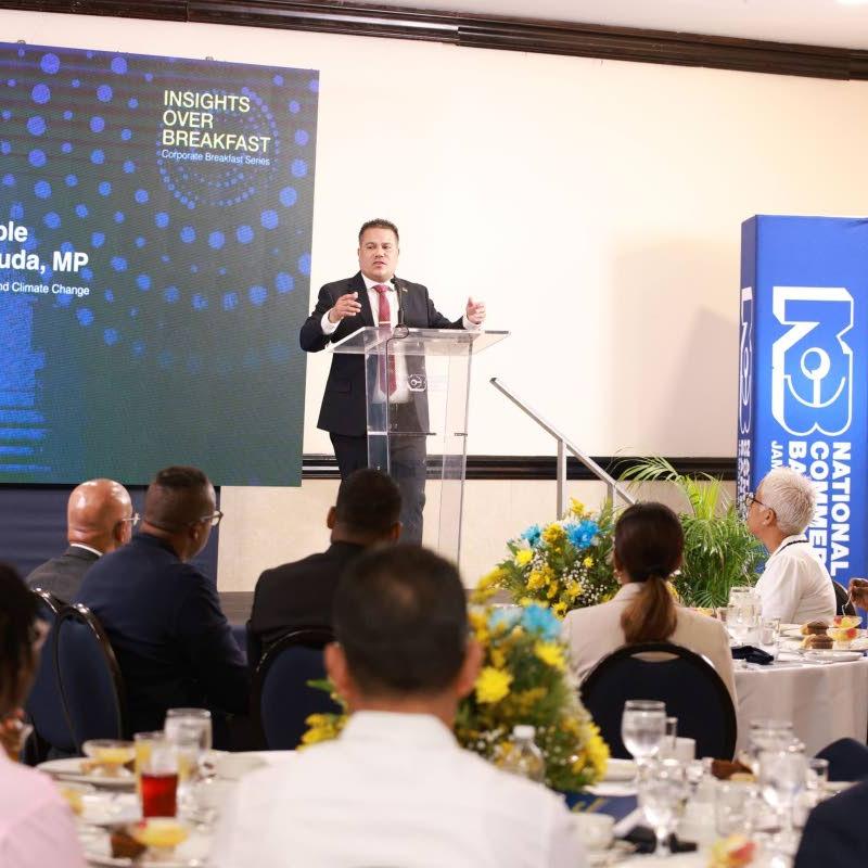 Minister Matthew Samuda delivers the keynote address at National Commercial Bank Jamaica's inaugural corporate breakfast