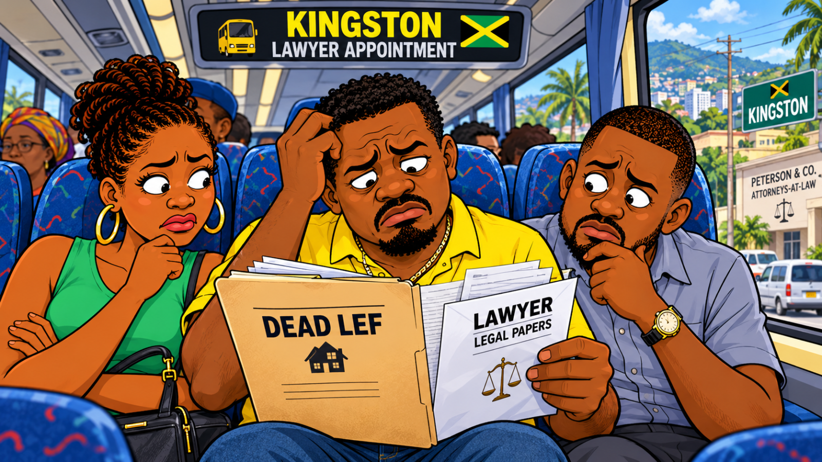 Jamaican man Sean travelling by coach to Kingston with family members to consult a lawyer about inherited property, probate and dead lef land.