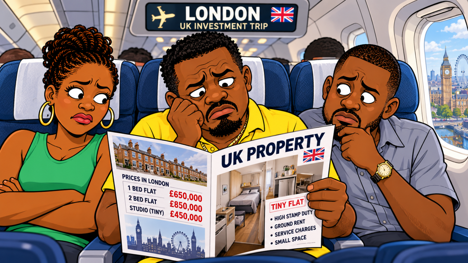 Sean travels to London with his companions, hoping to explore new property investment opportunities in the UK. However, as they examine British property prices, stamp duty, ground rent and service charges, their excitement quickly turns to disbelief. Seated aboard the aircraft, Sean begins questioning whether investing in a small London flat makes more financial sense than buying a home back in Jamaica. The humorous illustration captures the realities of property investment, the importance of comparing international markets and the unexpected costs that can turn a promising opportunity into an expensive lesson.