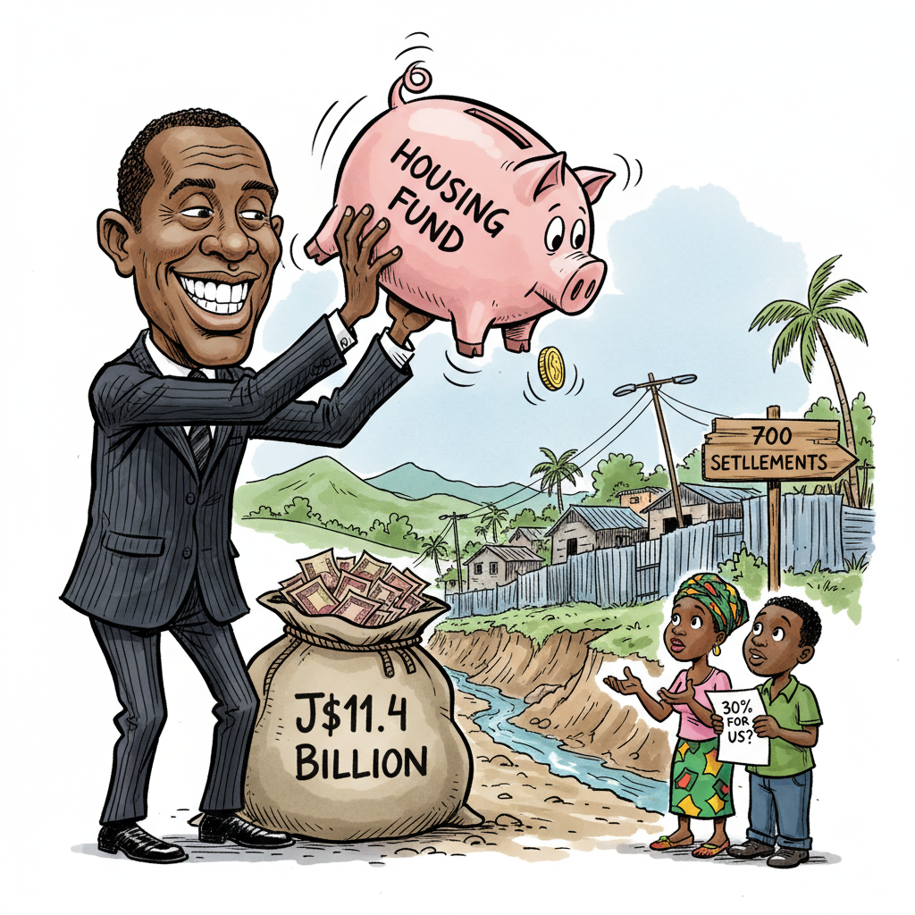 Pen-and-ink editorial cartoon: a big-headed man in a suit shakes a nearly empty pink piggy bank labelled "HOUSING FUND" while a fat sack labelled "J$11.4 BILLION" sits behind him. A single coin falls toward a small hopeful couple below holding a paper that reads "30% FOR US?", in front of zinc-fenced homes by a signpost reading "700 SETTLEMENTS".
