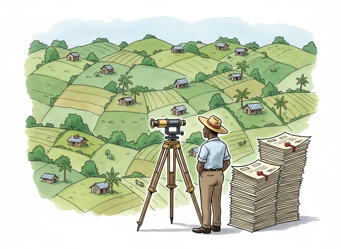 A watercolour cartoon of a surveyor with a theodolite overlooking a patchwork of hillside plots and a growing stack of land titles.
