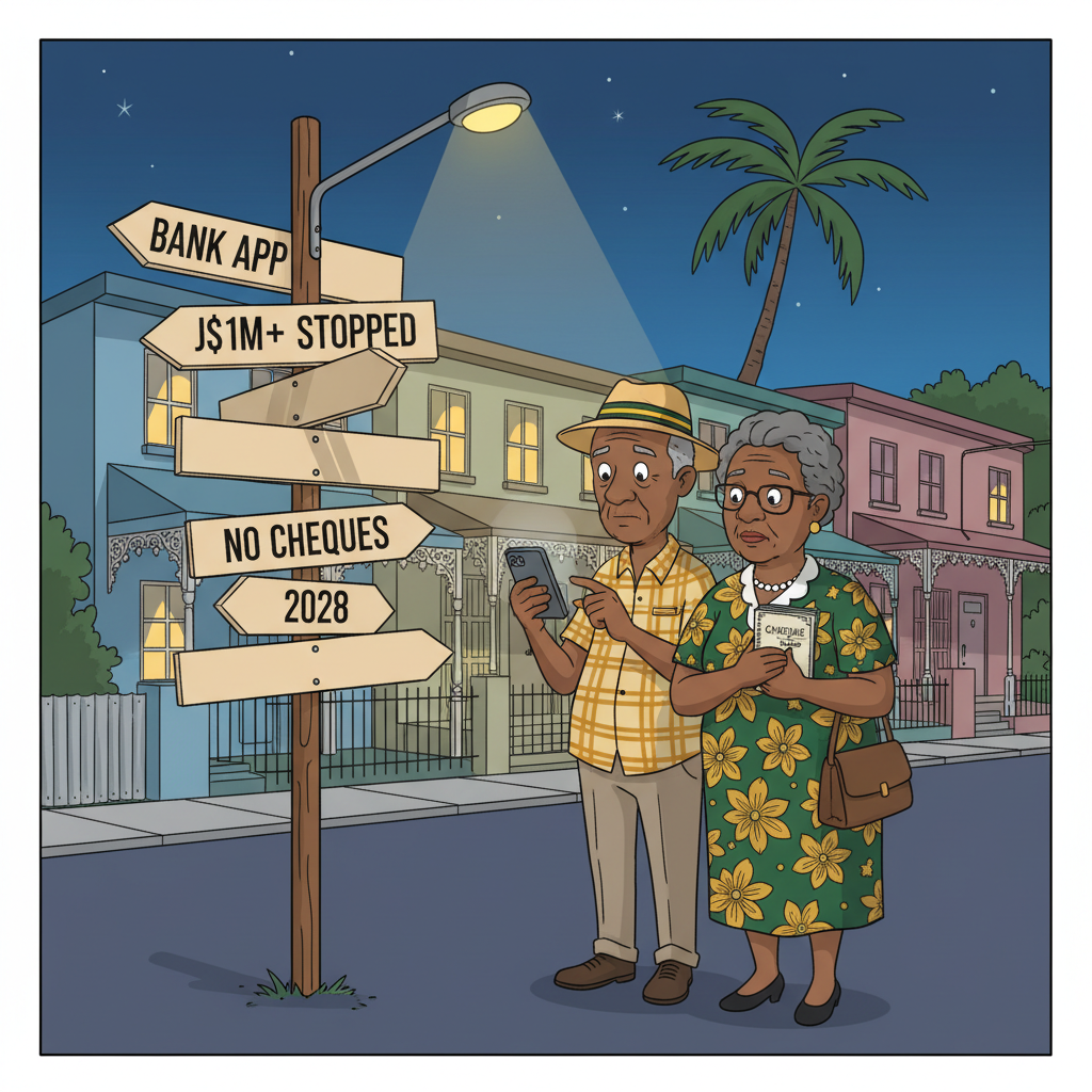 Smooth modern cartoon at night: a bewildered older Jamaican couple stand on a Kingston street of terraced houses with verandas and grillwork. The man squints at a phone map while the woman clutches a book labelled "CHEQUE BOOK". A signpost beside them points every which way, with arrows reading "BANK APP", "J$1M+ STOPPED" and "NO CHEQUES 2028".