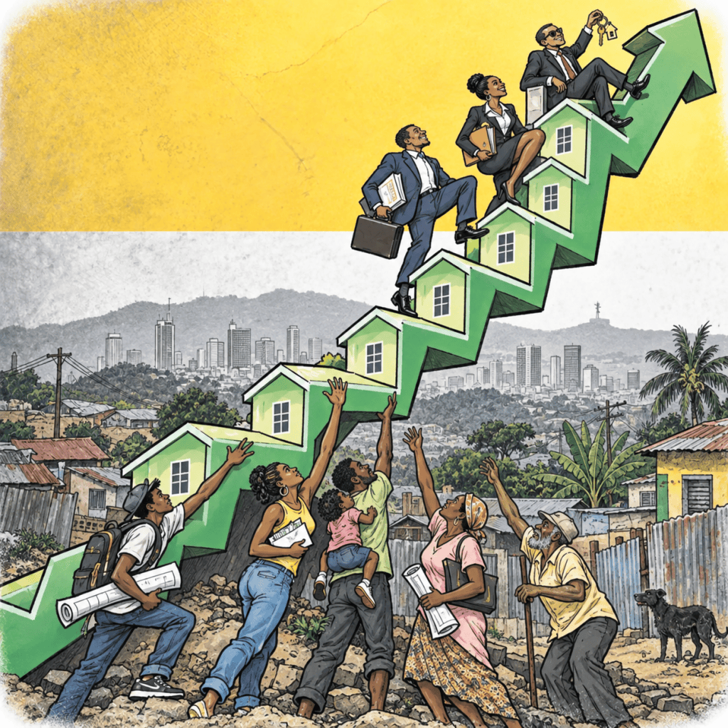 A satirical illustration of Jamaica’s housing affordability challenge, showing aspiring homeowners stretching towards an increasingly steep property ladder while those already further up continue to climb. The image captures the growing difficulty faced by ordinary buyers as house prices, deposits and borrowing costs move further beyond reach.