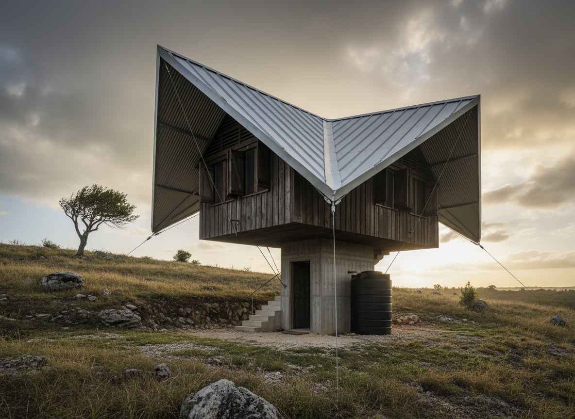 An elevated dark timber Jamaican hillside house beneath an oversized folded metal roof, with a concrete support core and rainwater tank