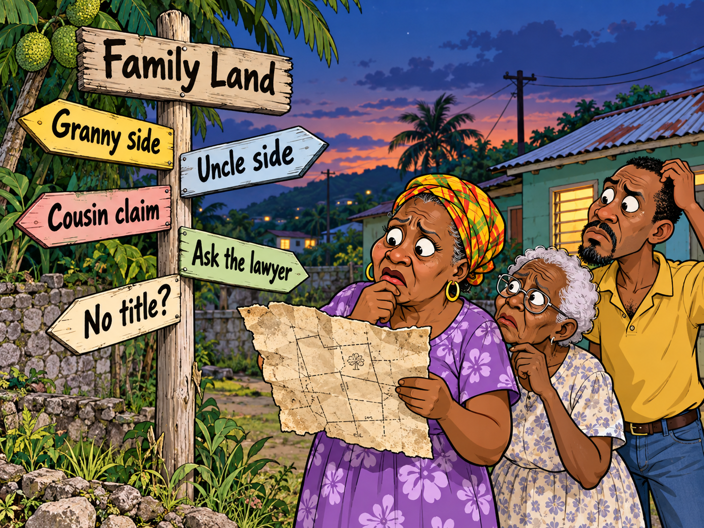 A Jamaican family stands bewildered over an ageing land survey, surrounded by conflicting directions pointing to relatives, competing claims and unanswered questions about ownership. The illustration captures a familiar predicament across Jamaica, where land passed down through generations is often regarded as family property, yet no individual holds a clear registered title. With grandparents deceased, estates unsettled, boundaries disputed and relatives scattered across Jamaica and overseas, what began as a treasured family inheritance can become a source of confusion, conflict and financial uncertainty. The image highlights the difficult reality that generations of occupation, emotional attachment and family understanding do not necessarily establish legally recognised ownership, leaving valuable land difficult to sell, develop, mortgage or transfer to the next generation.