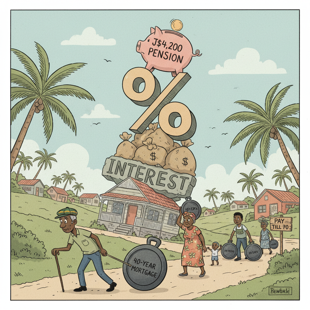 Soft muted editorial cartoon: an enormous teetering pile of a small Jamaican house, money bags and a thin pink piggy bank labelled "J$4,200 PENSION" balances on a giant percent sign labelled "INTEREST". Below, a stooped grey-haired Jamaican man with a walking stick hauls a heavy weight labelled "40-YEAR MORTGAGE" toward it, past a roadside sign reading "PAY TILL 70".
